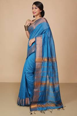 Turquoise Zari Border Checked Cotton zori Blend Saree   2