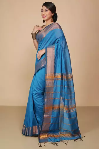 Turquoise Zari Border Checked Cotton zori Blend Saree  
