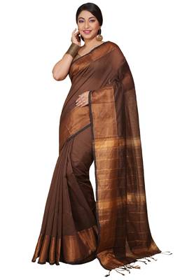 Brown Zari Border Checked Cotton zori Blend Saree  2
