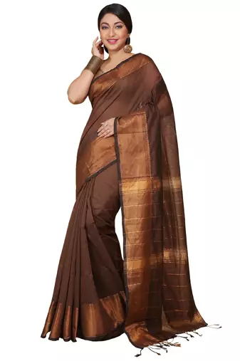 Brown Zari Border Checked Cotton zori Blend Saree 