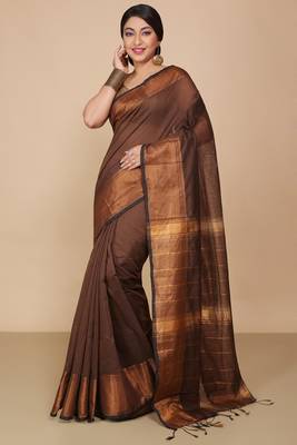 Brown Zari Border Checked Cotton zori Blend Saree  3