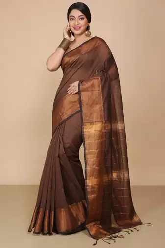 Brown Zari Border Checked Cotton zori Blend Saree 