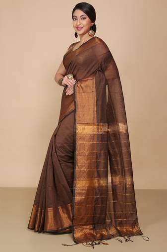 Brown Zari Border Checked Cotton zori Blend Saree 