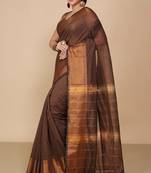 Brown Zari Border Checked Cotton zori Blend Saree 