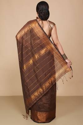 Brown Zari Border Checked Cotton zori Blend Saree  4