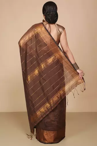 Brown Zari Border Checked Cotton zori Blend Saree 