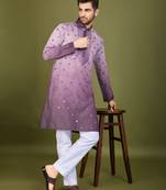 Purple viscose silk thread & sequins embroidered work wedding festival party wear straight kurta