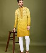 Yellow viscose silk thread & sequins embroidered with foil mirror work wedding festival party wear straight kurta