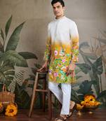 Yellow viscose rayon floral print with thread embroidered with mirror work wedding festival party wear straight kurta