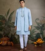 SKY BLUE VISCOSE RAYON JARI WEAVING MIRROR WORK WEDDING FUNCTION FESTIVAL PARTY WEAR STRAIGHT KURTA WITH DUPATTA