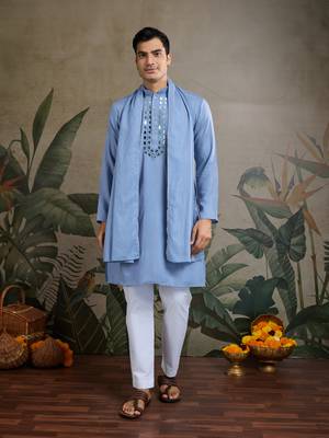 LIGHT BLUE VISCOSE RAYON JARI WEAVING MIRROR WORK WEDDING FUNCTION FESTIVAL PARTY WEAR STRAIGHT KURTA WITH DUPATTA 1