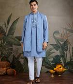 LIGHT BLUE VISCOSE RAYON JARI WEAVING MIRROR WORK WEDDING FUNCTION FESTIVAL PARTY WEAR STRAIGHT KURTA WITH DUPATTA
