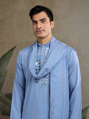 LIGHT BLUE VISCOSE RAYON JARI WEAVING MIRROR WORK WEDDING FUNCTION FESTIVAL PARTY WEAR STRAIGHT KURTA WITH DUPATTA 2