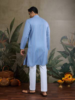 LIGHT BLUE VISCOSE RAYON JARI WEAVING MIRROR WORK WEDDING FUNCTION FESTIVAL PARTY WEAR STRAIGHT KURTA WITH DUPATTA 5