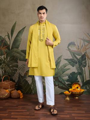 YELLOW VISCOSE RAYON JARI WEAVING MIRROR WORK WEDDING FUNCTION FESTIVAL MARRIAGE PARTY WEAR STRAIGHT KURTA WITH DUPATTA 1