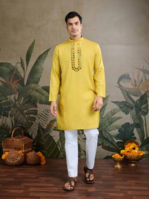 YELLOW VISCOSE RAYON JARI WEAVING MIRROR WORK WEDDING FUNCTION FESTIVAL MARRIAGE PARTY WEAR STRAIGHT KURTA WITH DUPATTA 3