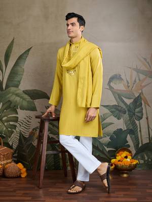 YELLOW VISCOSE RAYON JARI WEAVING MIRROR WORK WEDDING FUNCTION FESTIVAL MARRIAGE PARTY WEAR STRAIGHT KURTA WITH DUPATTA 4