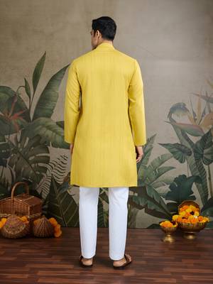 YELLOW VISCOSE RAYON JARI WEAVING MIRROR WORK WEDDING FUNCTION FESTIVAL MARRIAGE PARTY WEAR STRAIGHT KURTA WITH DUPATTA 5