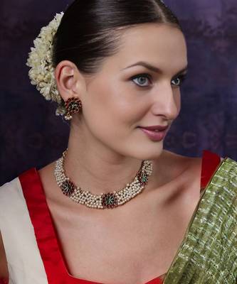 Gold plated pearls and kempu stone studded peacock choker jewelry set for women girls 1