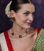 Gold plated pearls and kempu stone studded peacock choker jewelry set for women girls