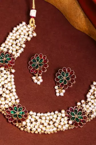 Gold plated pearls and kempu stone studded peacock choker jewelry set for women girls