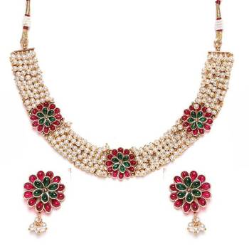 Gold plated pearls and kempu stone studded peacock choker jewelry set for women girls 3