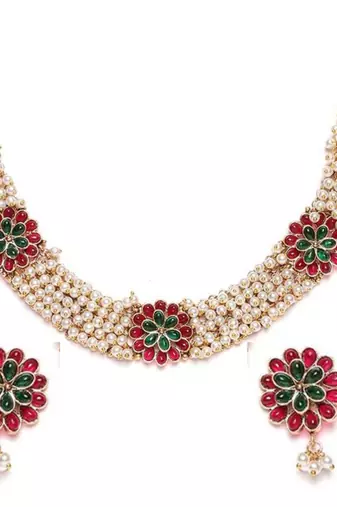 Gold plated pearls and kempu stone studded peacock choker jewelry set for women girls