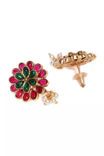 Gold plated pearls and kempu stone studded peacock choker jewelry set for women girls