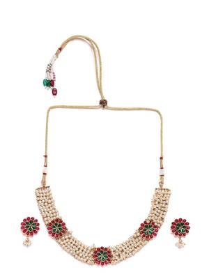 Gold plated pearls and kempu stone studded peacock choker jewelry set for women girls 5