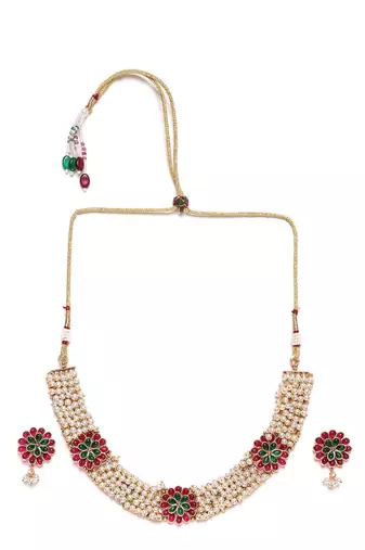 Gold plated pearls and kempu stone studded peacock choker jewelry set for women girls