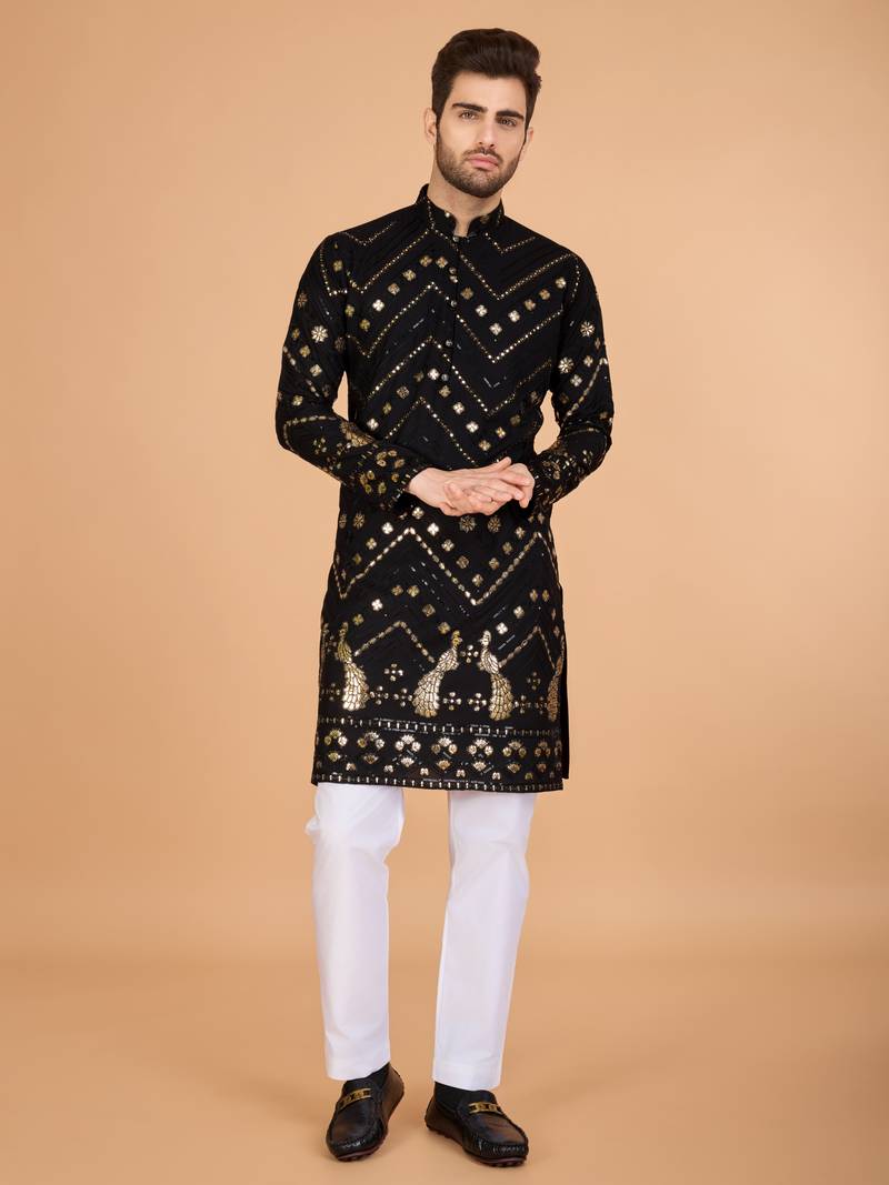 Black viscose rayon thread & sequins embroidered with foil mirror work wedding festival party wear straight kurta