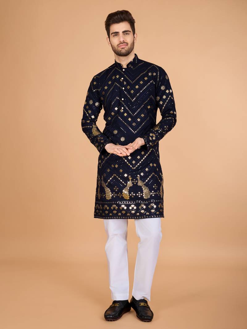 Navy blue viscose rayon thread & sequins embroidered with foil mirror work wedding festival party wear straight kurta