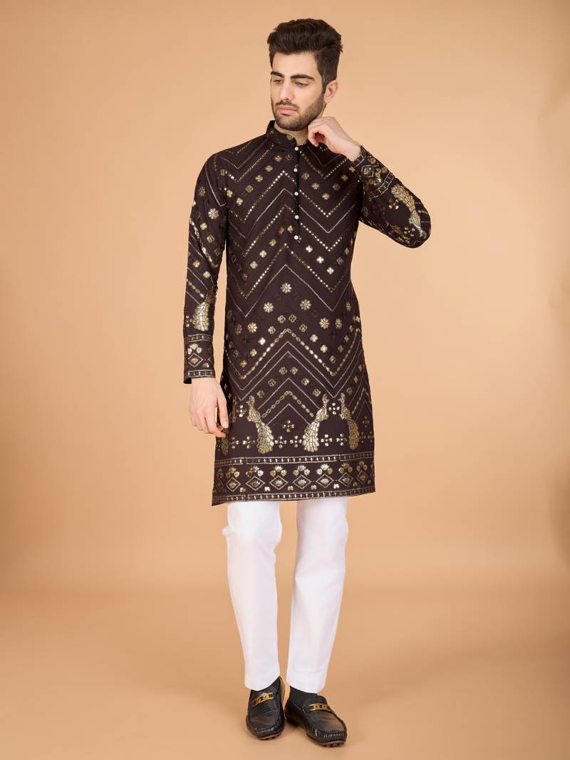 Brown viscose rayon thread & sequins embroidered with foil mirror work wedding festival party wear straight kurta