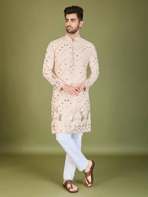 Beige viscose rayon thread & sequins embroidered with foil mirror work wedding festival party wear straight kurta 7