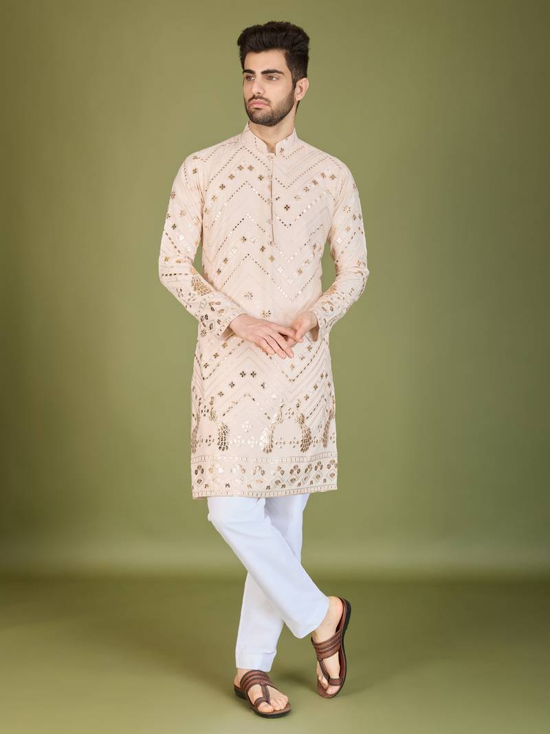 Beige viscose rayon thread & sequins embroidered with foil mirror work wedding festival party wear straight kurta