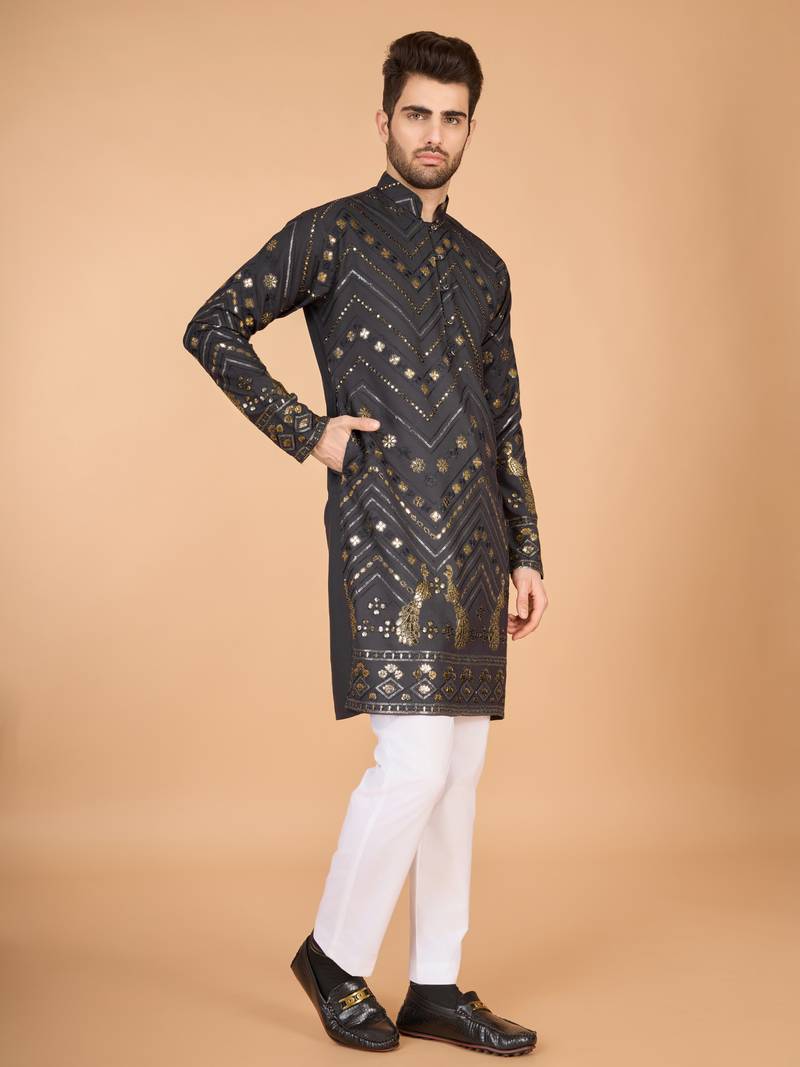Grey viscose rayon thread & sequins embroidered with foil mirror work wedding festival party wear straight kurta