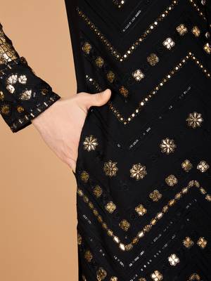 Black viscose rayon thread & sequins embroidered with foil mirror work wedding festival party wear straight kurta 8