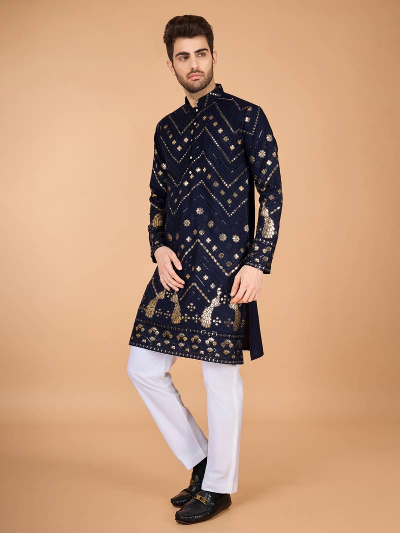 Navy blue viscose rayon thread & sequins embroidered with foil mirror work wedding festival party wear straight kurta