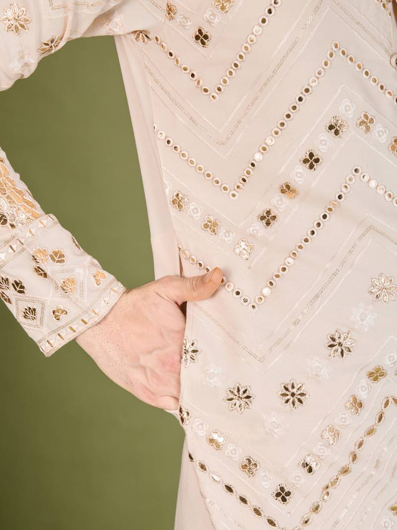 Beige viscose rayon thread & sequins embroidered with foil mirror work wedding festival party wear straight kurta