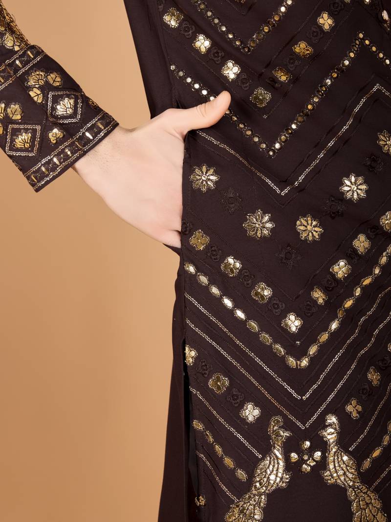 Brown viscose rayon thread & sequins embroidered with foil mirror work wedding festival party wear straight kurta