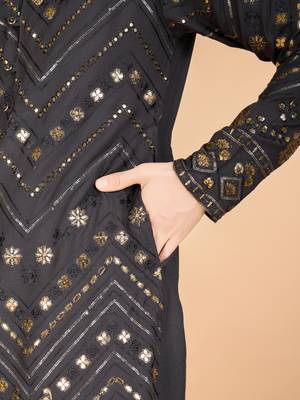 Grey viscose rayon thread & sequins embroidered with foil mirror work wedding festival party wear straight kurta 8