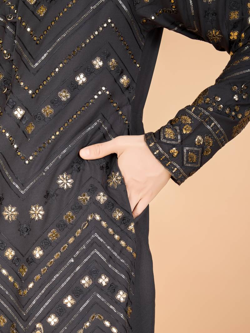 Grey viscose rayon thread & sequins embroidered with foil mirror work wedding festival party wear straight kurta