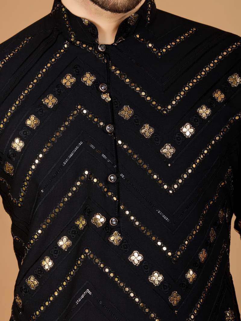 Black viscose rayon thread & sequins embroidered with foil mirror work wedding festival party wear straight kurta