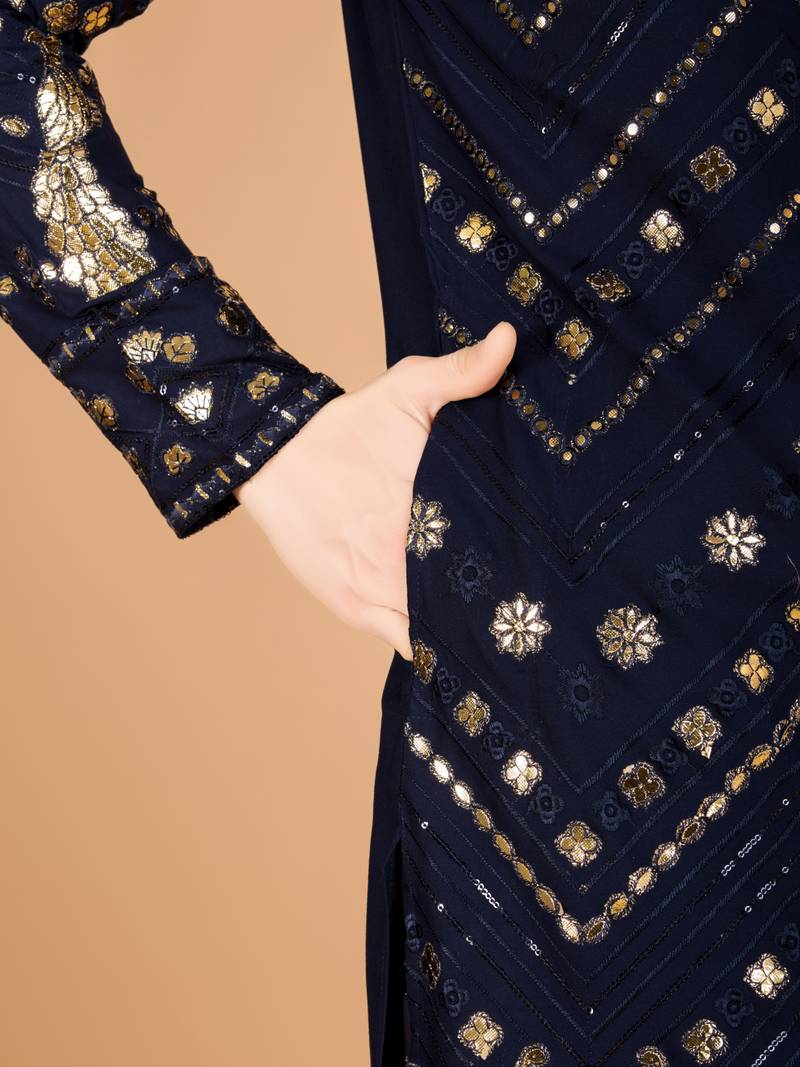 Navy blue viscose rayon thread & sequins embroidered with foil mirror work wedding festival party wear straight kurta