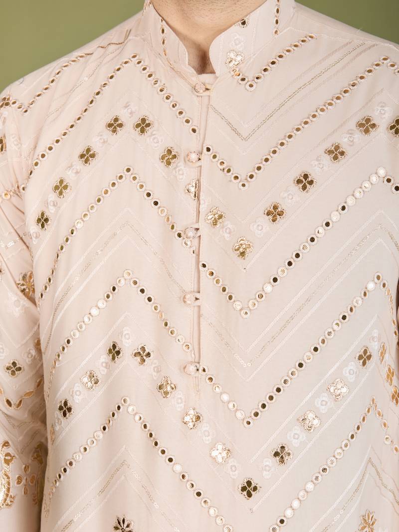 Beige viscose rayon thread & sequins embroidered with foil mirror work wedding festival party wear straight kurta
