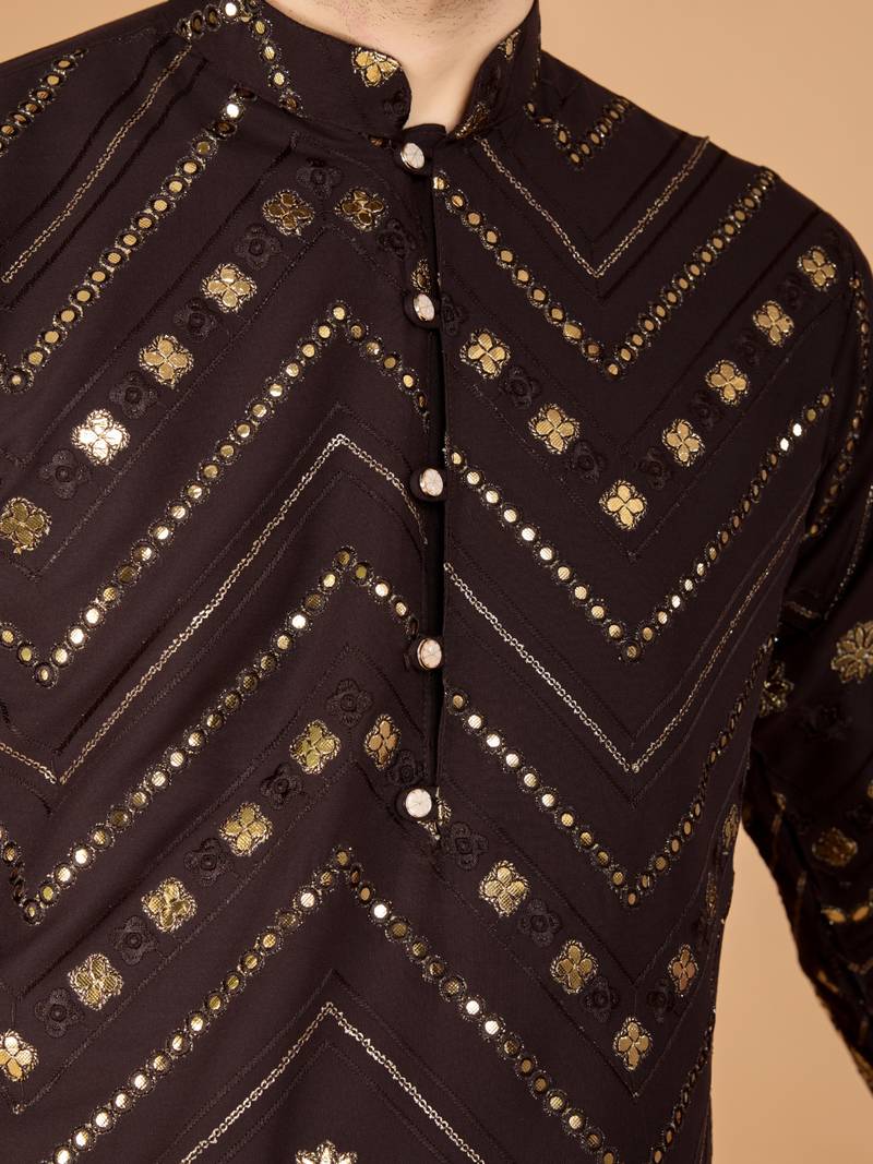 Brown viscose rayon thread & sequins embroidered with foil mirror work wedding festival party wear straight kurta