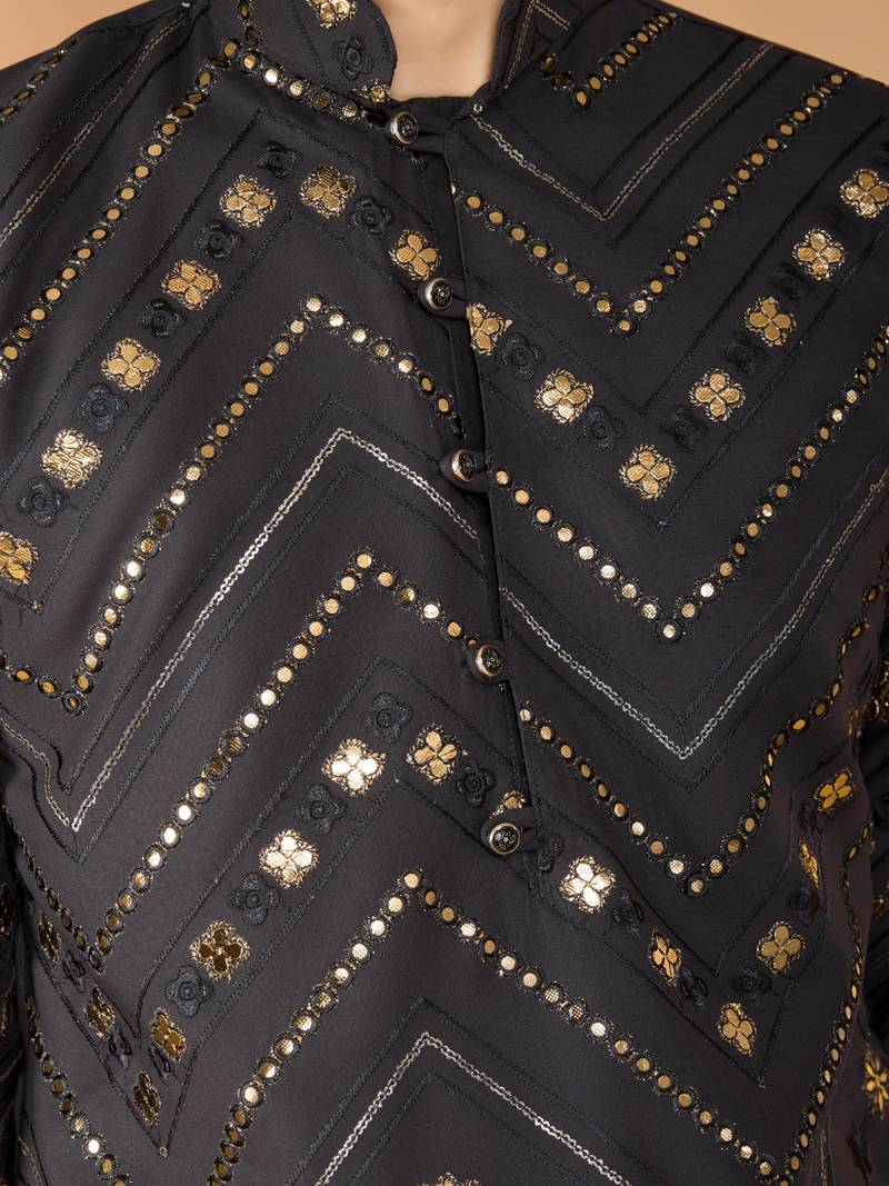 Grey viscose rayon thread & sequins embroidered with foil mirror work wedding festival party wear straight kurta