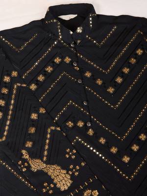 Black viscose rayon thread & sequins embroidered with foil mirror work wedding festival party wear straight kurta 10