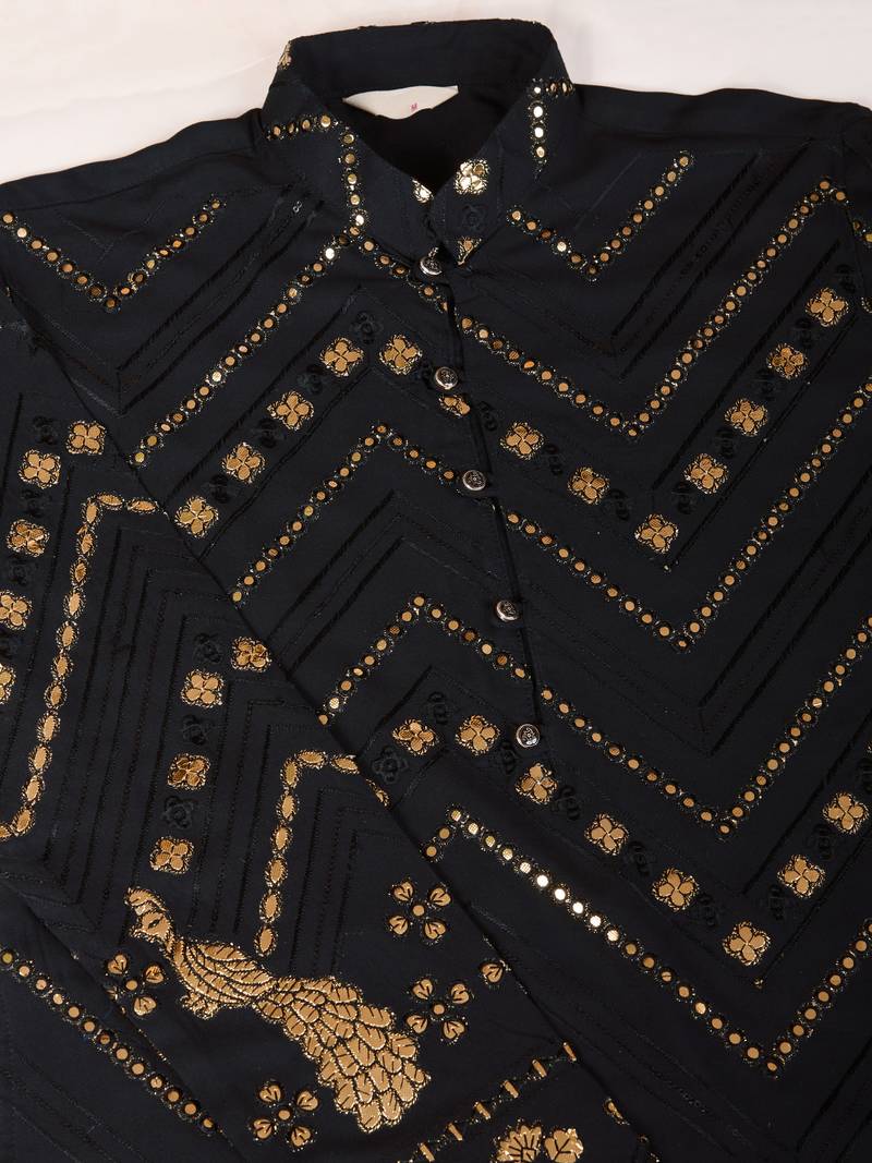Black viscose rayon thread & sequins embroidered with foil mirror work wedding festival party wear straight kurta