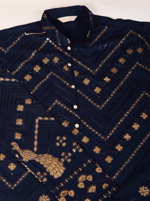 Navy blue viscose rayon thread & sequins embroidered with foil mirror work wedding festival party wear straight kurta 10